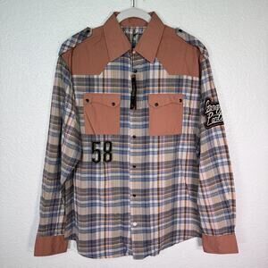 Christian Audigier Y2K Shirt Mens XL Garage Parts Plaid Patch Grunge Button Up